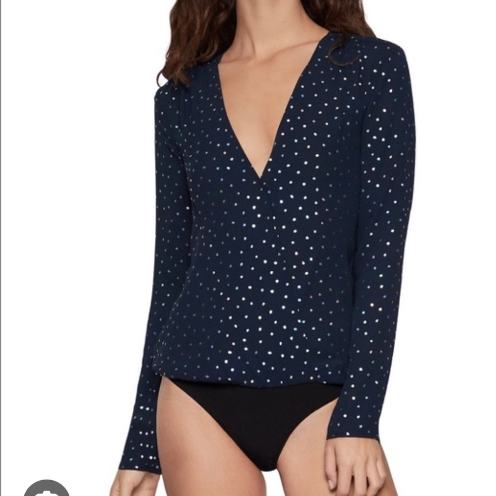New with tags BCBGeneration Navy Metallic Dot Surplice Bodysuit